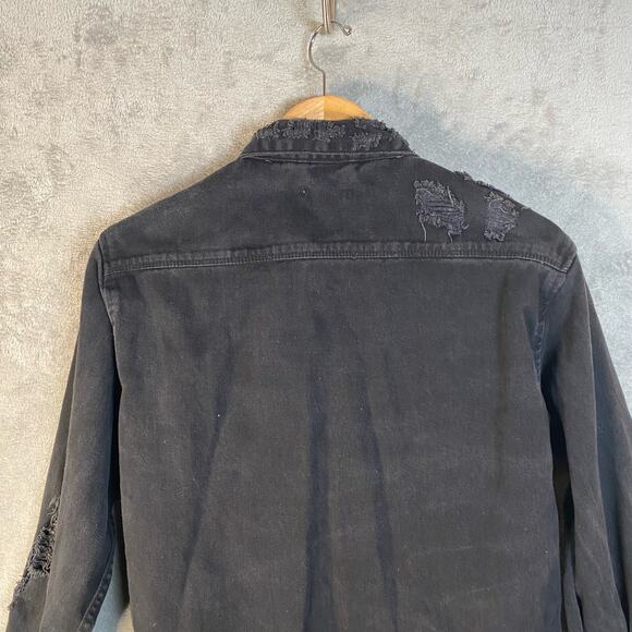 Distressed Denim Shirt Jacket Mens Small Button Up Grunge Streetwear Indie - Picture 5 of 13